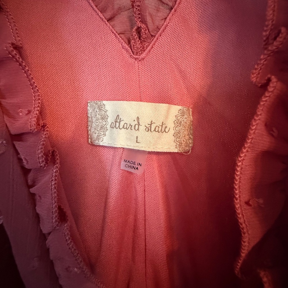 Altar'd State Mauve Pink Swiss Dot Ruffle Mini Dress Large Long Sleeve Smocked - Picture 3 of 5